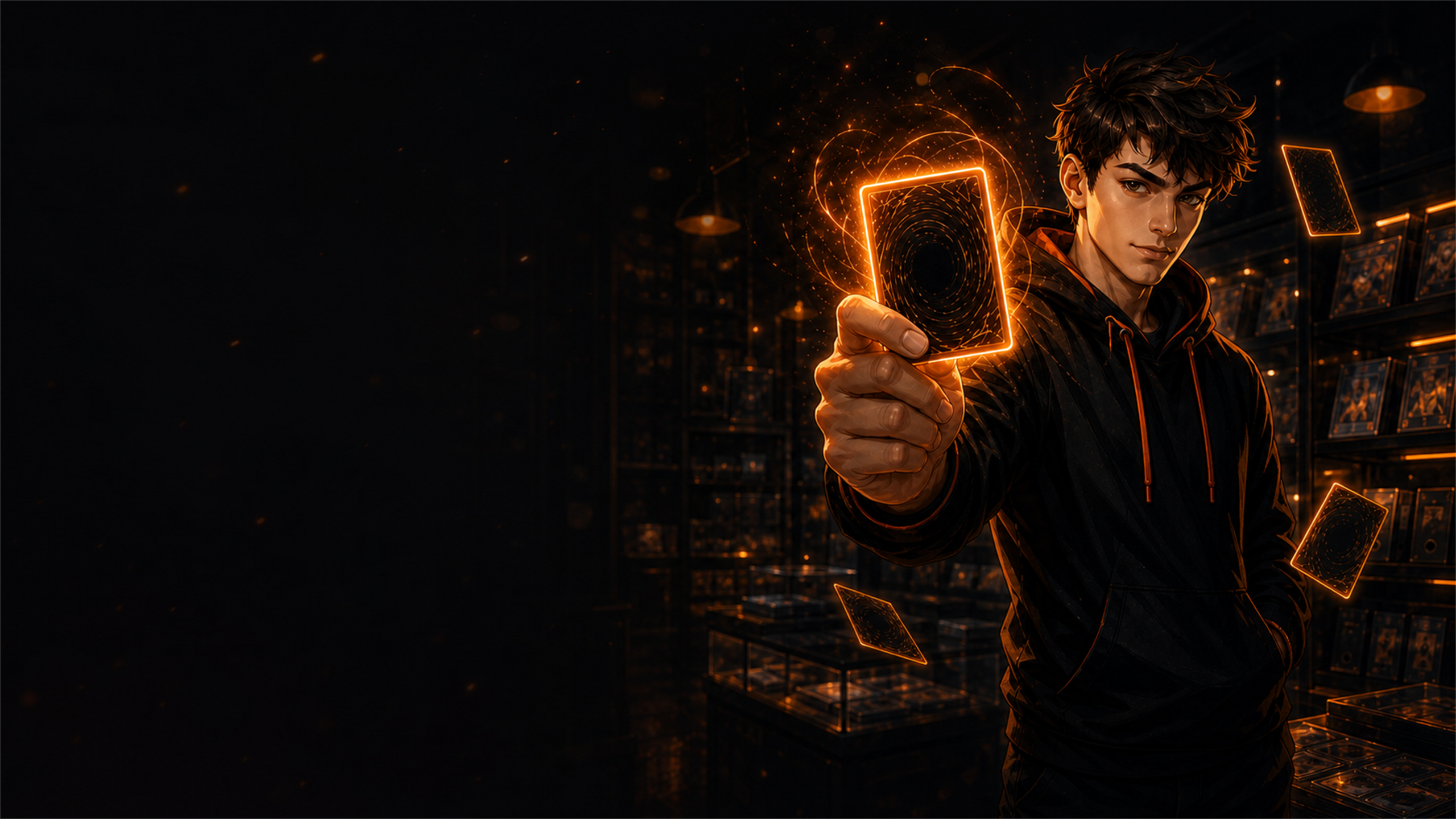 Original TCG Hobby collector artwork showing a collector holding a glowing trading card in a dark hobby store.
